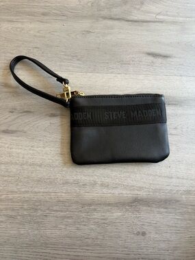 Steve Madden Black Leather Wristlet with Branded Webbing
